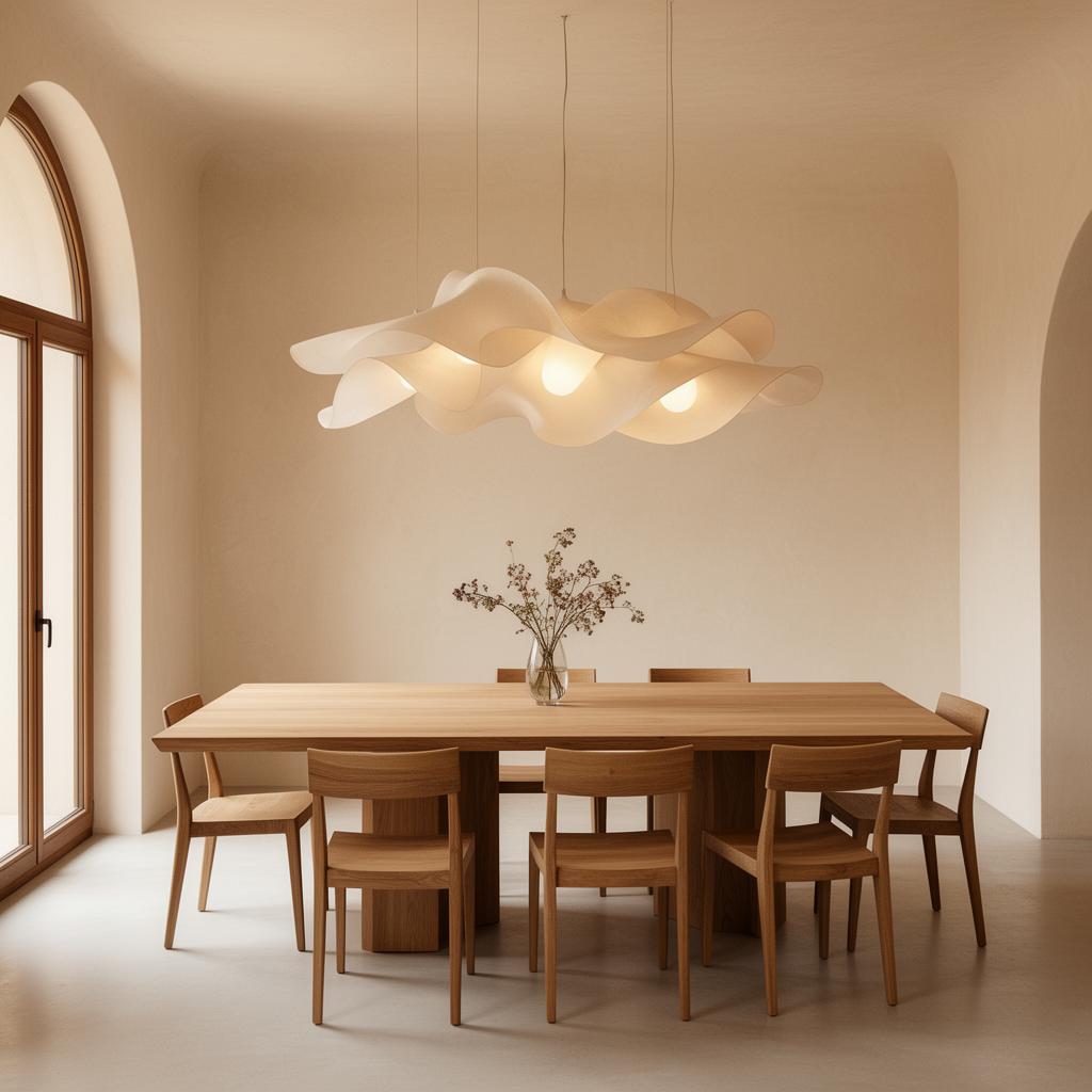 Comedor con lámpara escultórica de papel washi sobre mesa de roble